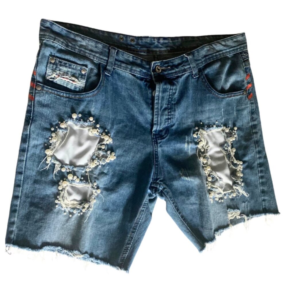Embellished Bermuda Distressed Denim Shorts Size 36